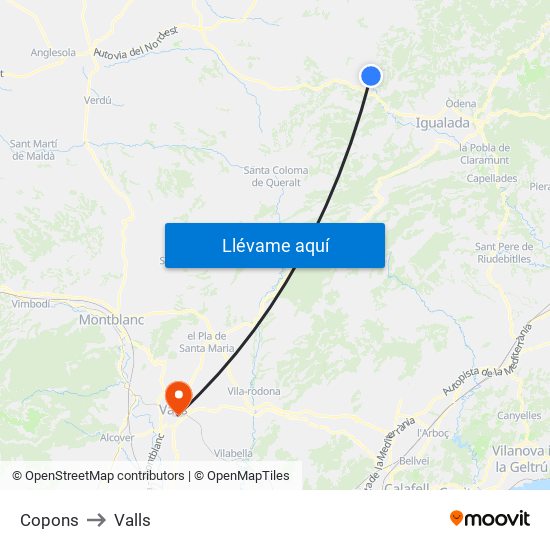 Copons to Valls map