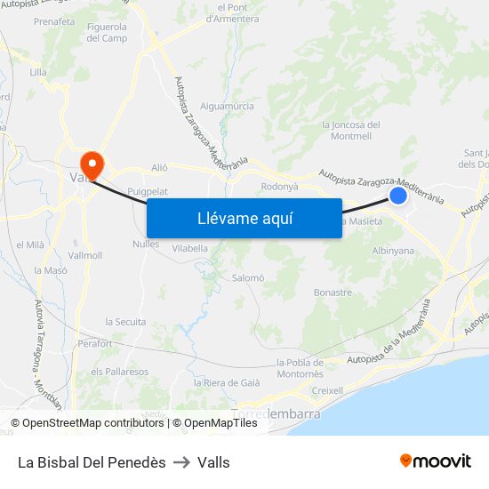 La Bisbal Del Penedès to Valls map