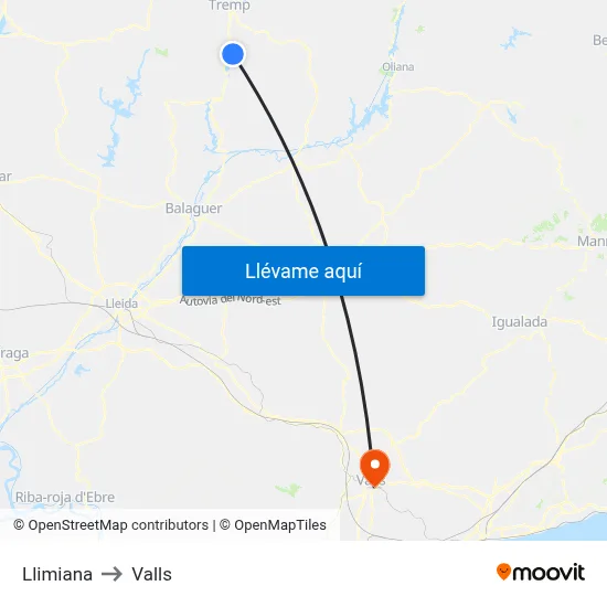 Llimiana to Valls map