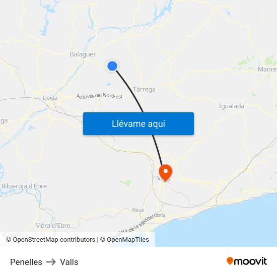 Penelles to Valls map