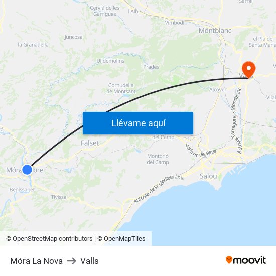 Móra La Nova to Valls map