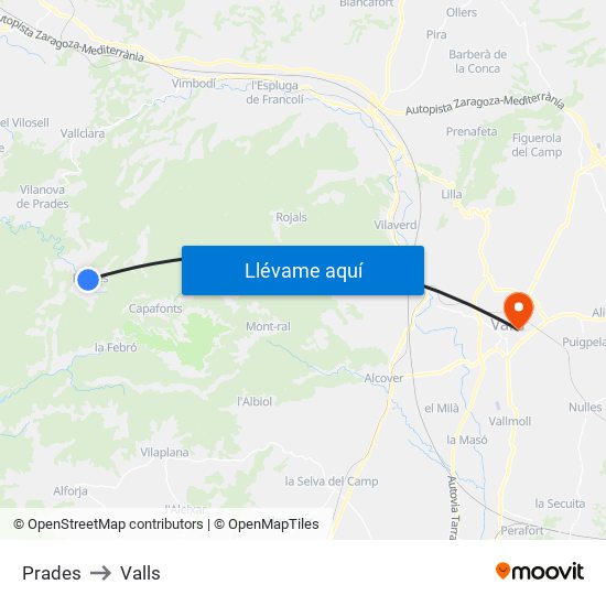 Prades to Valls map