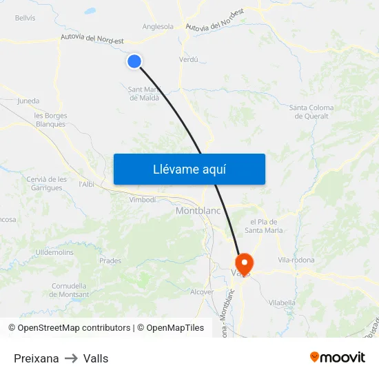 Preixana to Valls map