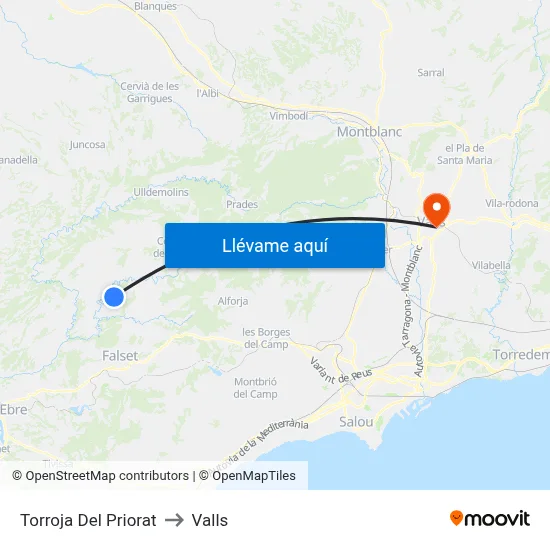 Torroja Del Priorat to Valls map