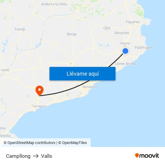 Campllong to Valls map