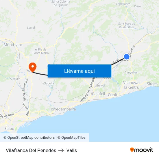 Vilafranca Del Penedès to Valls map