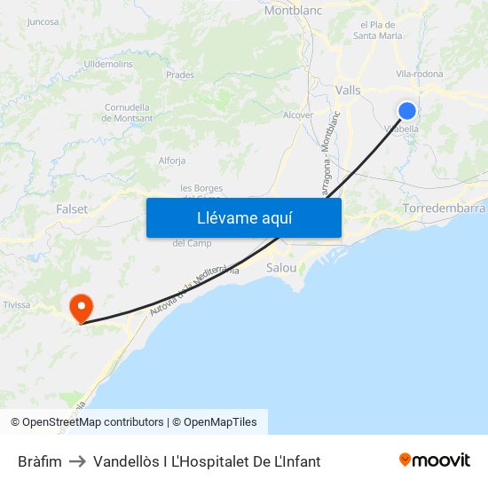 Bràfim to Vandellòs I L'Hospitalet De L'Infant map