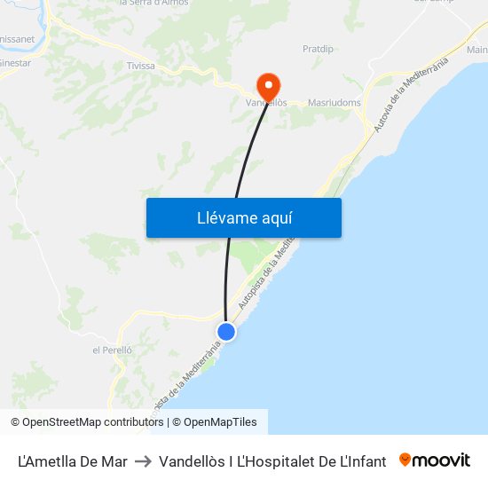 L'Ametlla De Mar to Vandellòs I L'Hospitalet De L'Infant map