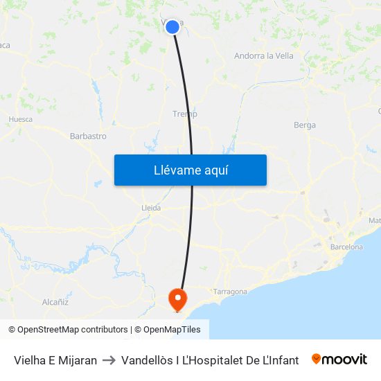 Vielha E Mijaran to Vandellòs I L'Hospitalet De L'Infant map