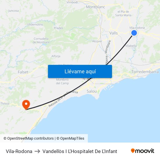 Vila-Rodona to Vandellòs I L'Hospitalet De L'Infant map