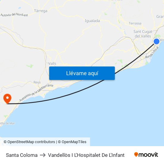 Santa Coloma to Vandellòs I L'Hospitalet De L'Infant map