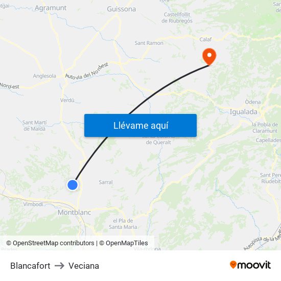 Blancafort to Veciana map