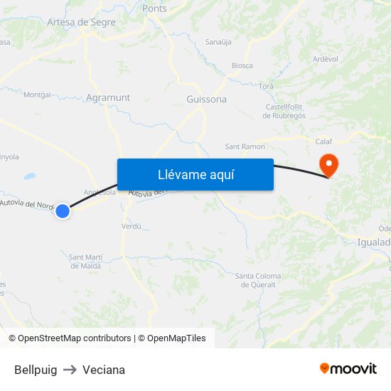 Bellpuig to Veciana map