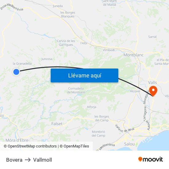 Bovera to Vallmoll map
