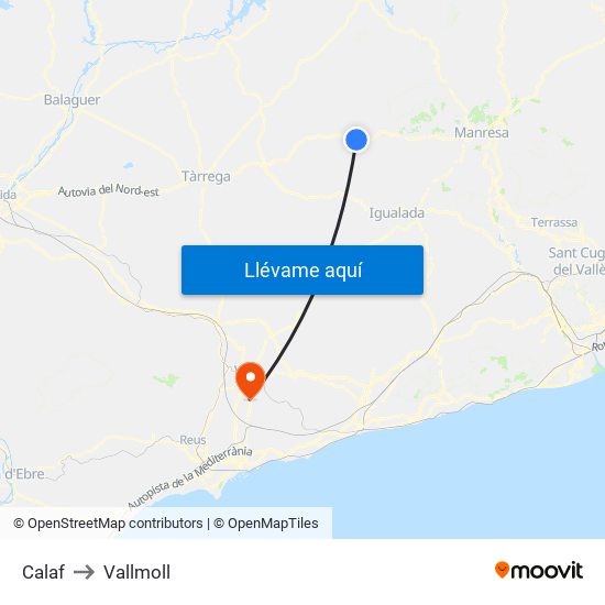 Calaf to Vallmoll map