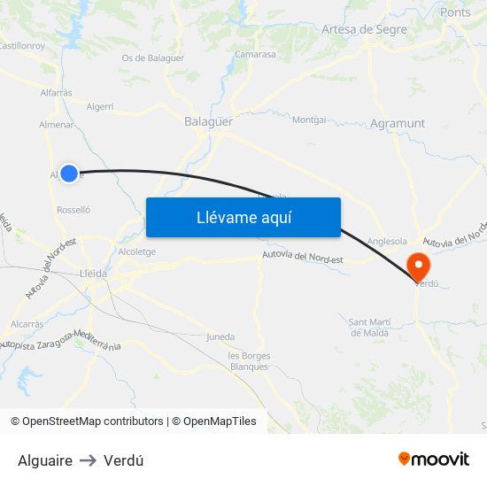 Alguaire to Verdú map