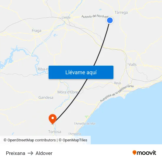 Preixana to Aldover map