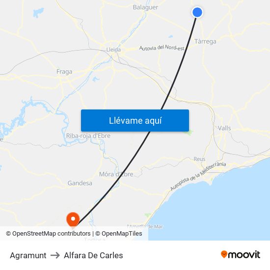 Agramunt to Alfara De Carles map