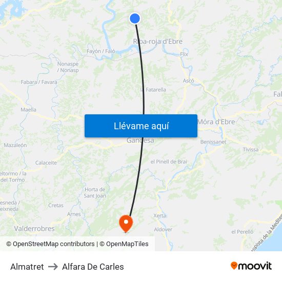 Almatret to Alfara De Carles map