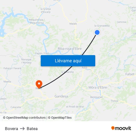 Bovera to Batea map