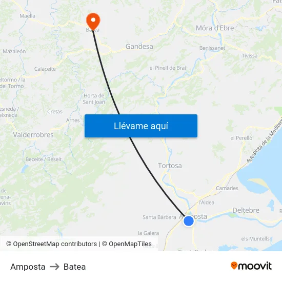 Amposta to Batea map
