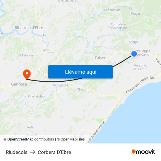 Riudecols to Corbera D'Ebre map