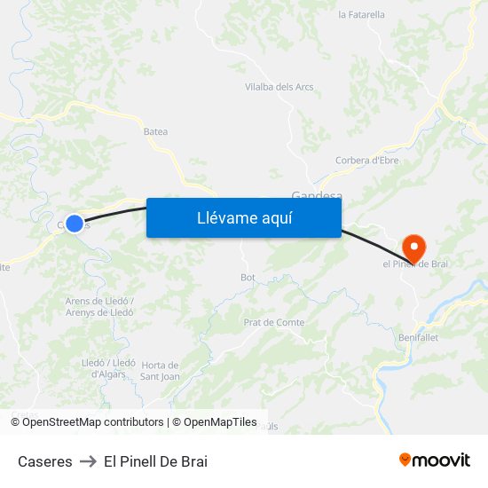 Caseres to El Pinell De Brai map