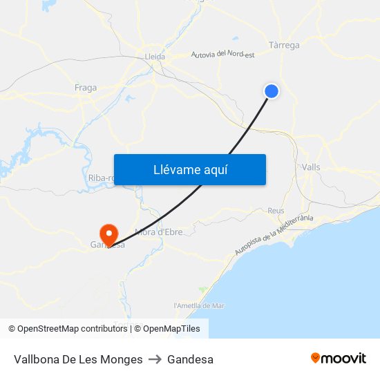 Vallbona De Les Monges to Gandesa map