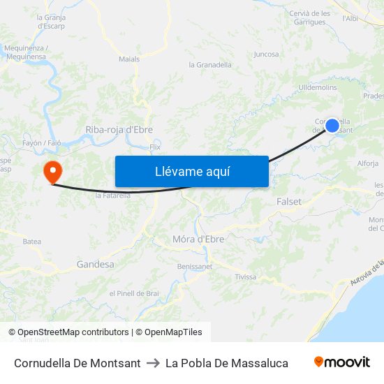Cornudella De Montsant to La Pobla De Massaluca map