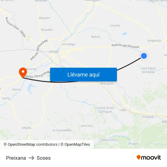 Preixana to Soses map