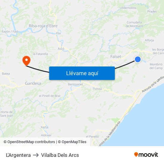 L'Argentera to Vilalba Dels Arcs map