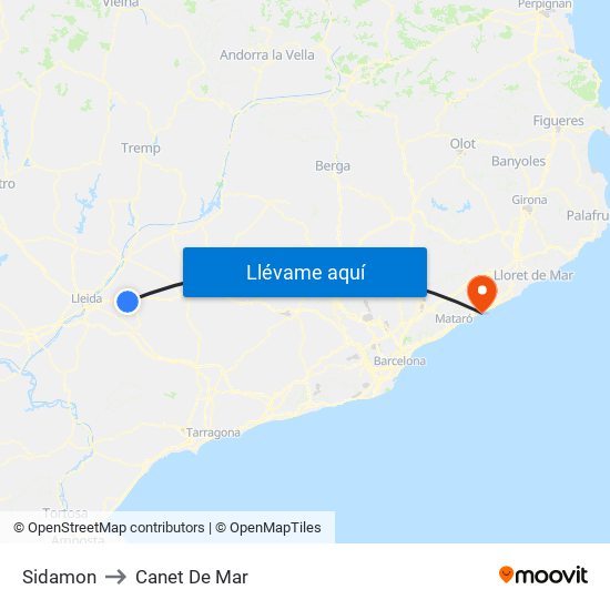 Sidamon to Canet De Mar map