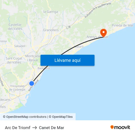 Arc De Triomf to Canet De Mar map