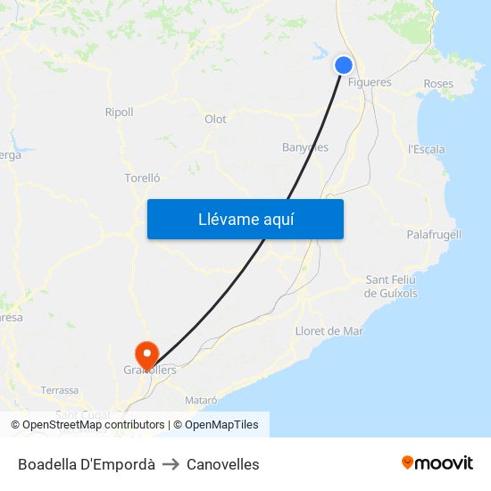 Boadella D'Empordà to Canovelles map