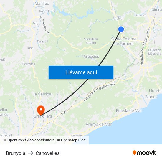Brunyola to Canovelles map