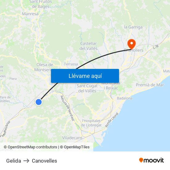Gelida to Canovelles map