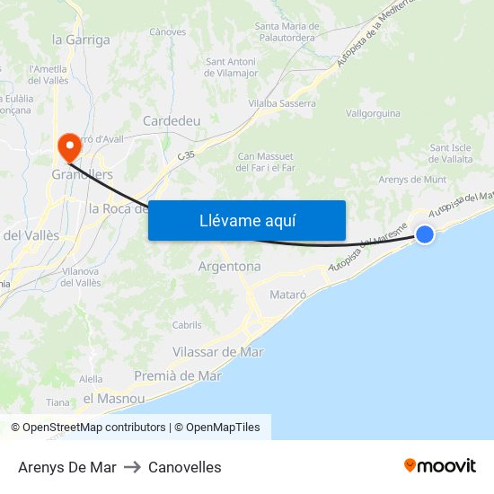 Arenys De Mar to Canovelles map