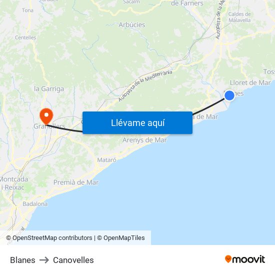 Blanes to Canovelles map