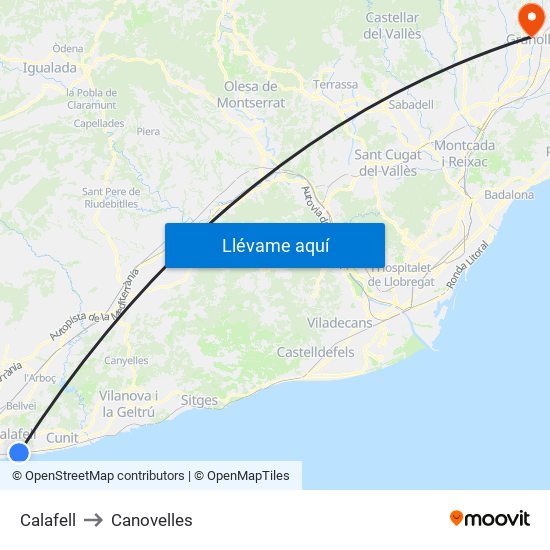 Calafell to Canovelles map