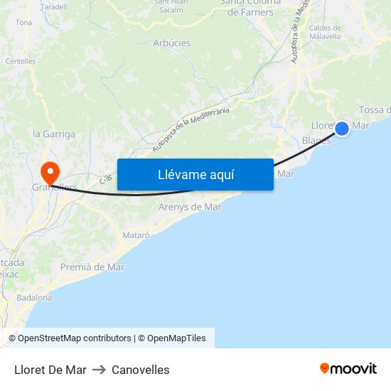 Lloret De Mar to Canovelles map