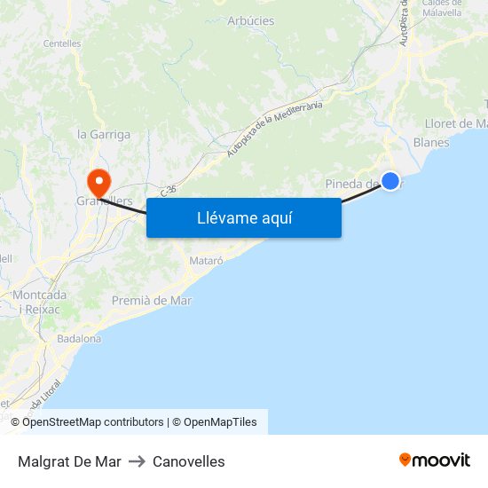 Malgrat De Mar to Canovelles map