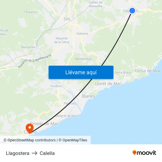 Llagostera to Calella map