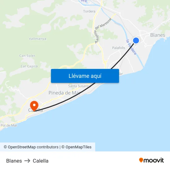 Blanes to Calella map