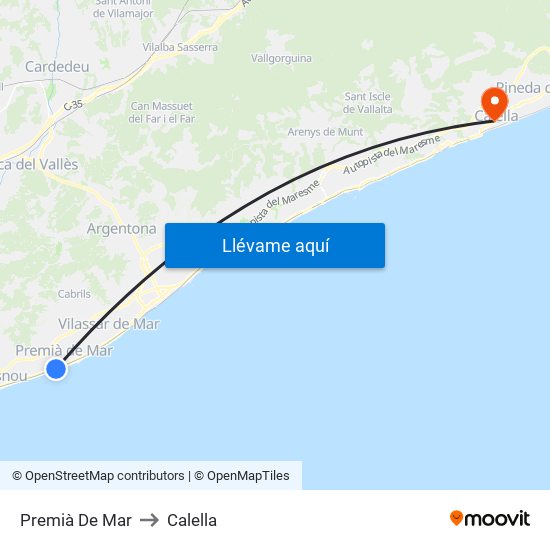 Premià De Mar to Calella map