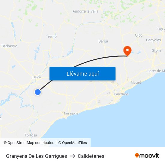 Granyena De Les Garrigues to Calldetenes map