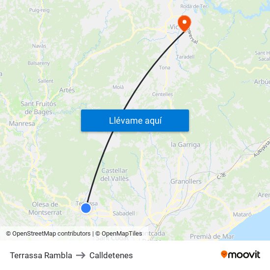 Terrassa Rambla to Calldetenes map