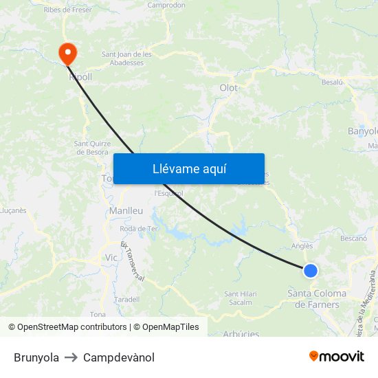 Brunyola to Campdevànol map