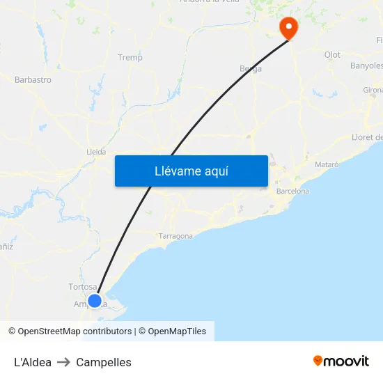 L'Aldea to Campelles map
