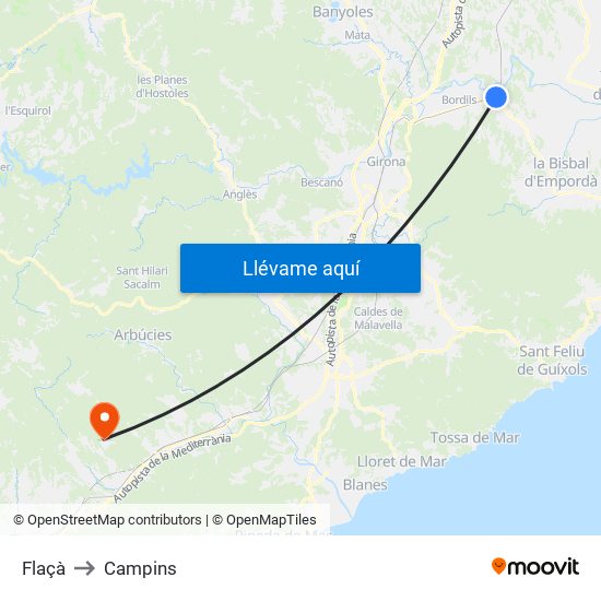 Flaçà to Campins map