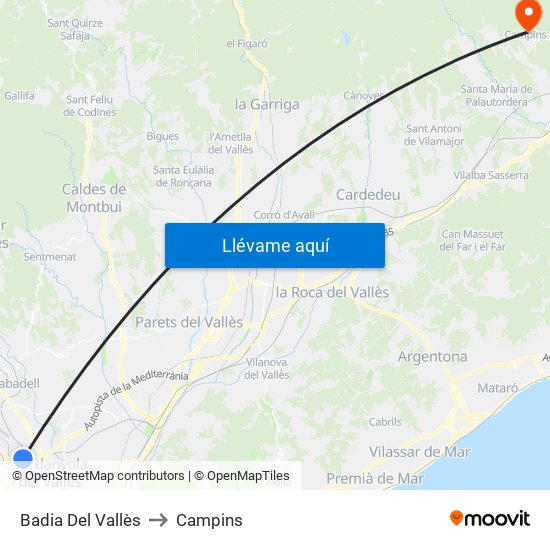 Badia Del Vallès to Campins map